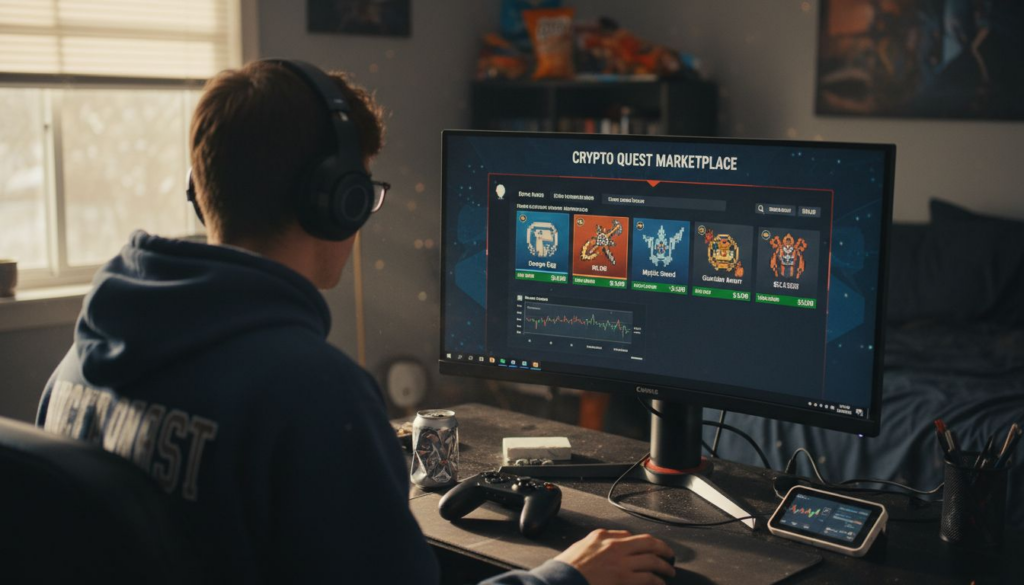 Gamer at desk with blockchain game on screen