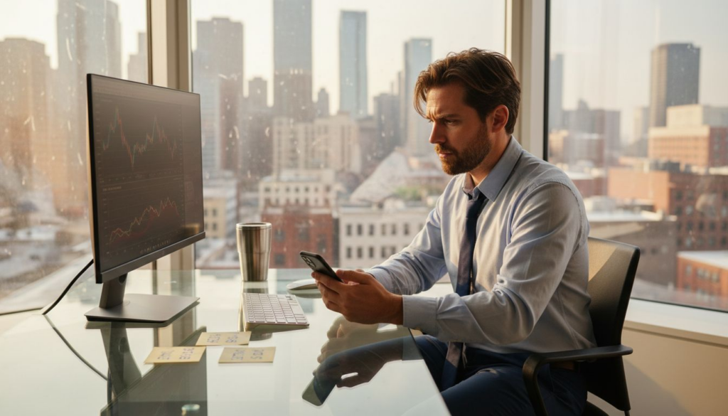 How to Invest in Crypto: 30% Returns with Safe Strategies Crypto investor working in city corner office