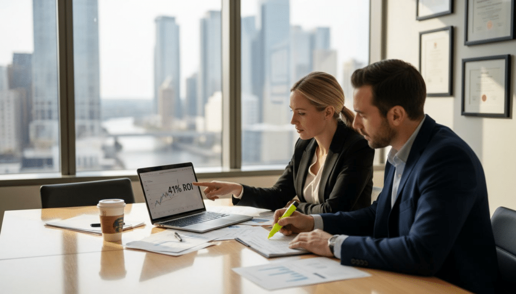 Blockchain Adoption Benefits: 41% ROI & Instant Settlements Managers reviewing blockchain ROI in office