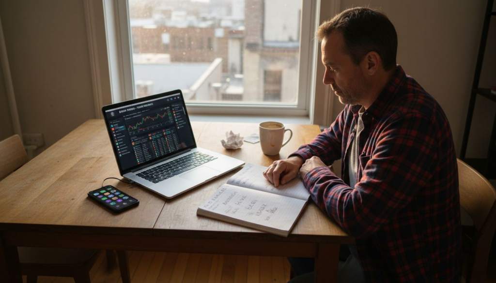 Investor studies crypto tokens at laptop