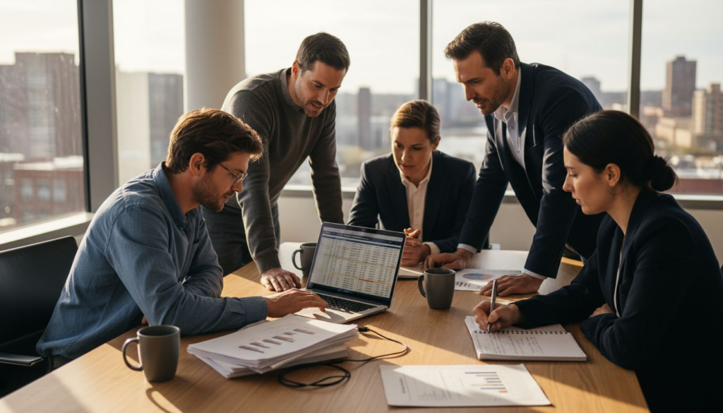 Team in corner office discussing blockchain strategy