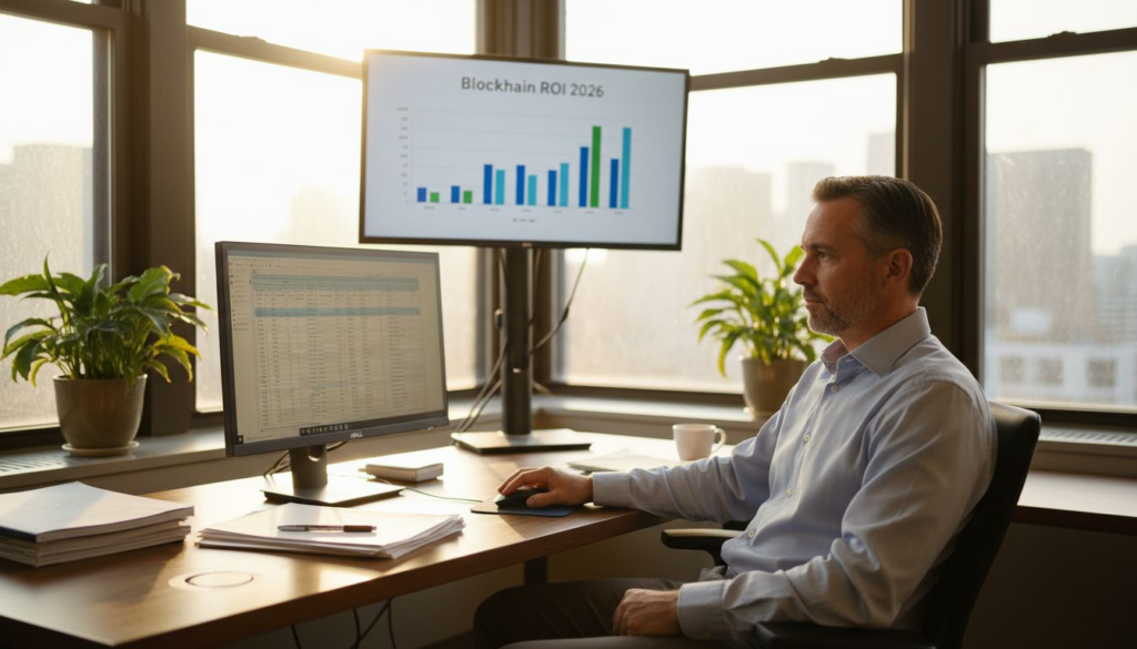 Analyst viewing blockchain ROI data in office