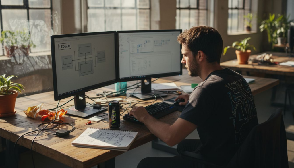Man at shared desk viewing blockchain diagram