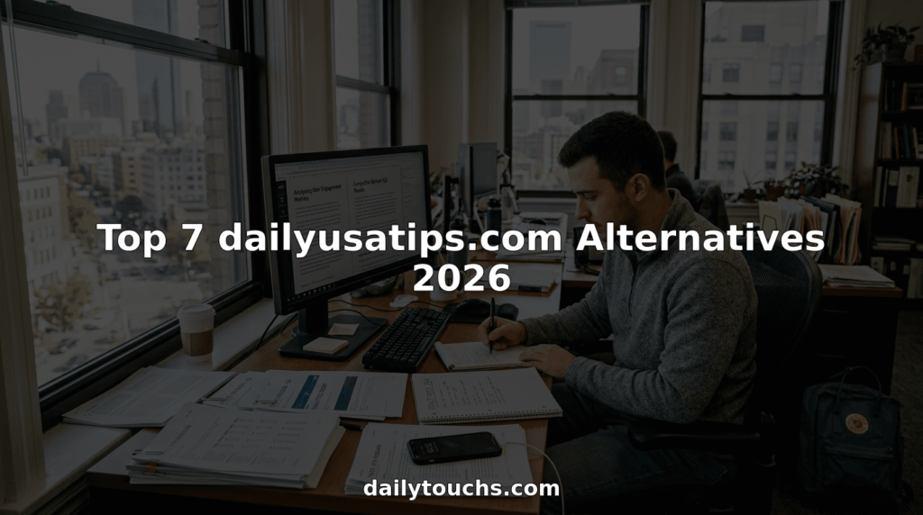 Professional comparing news platforms at cluttered desk