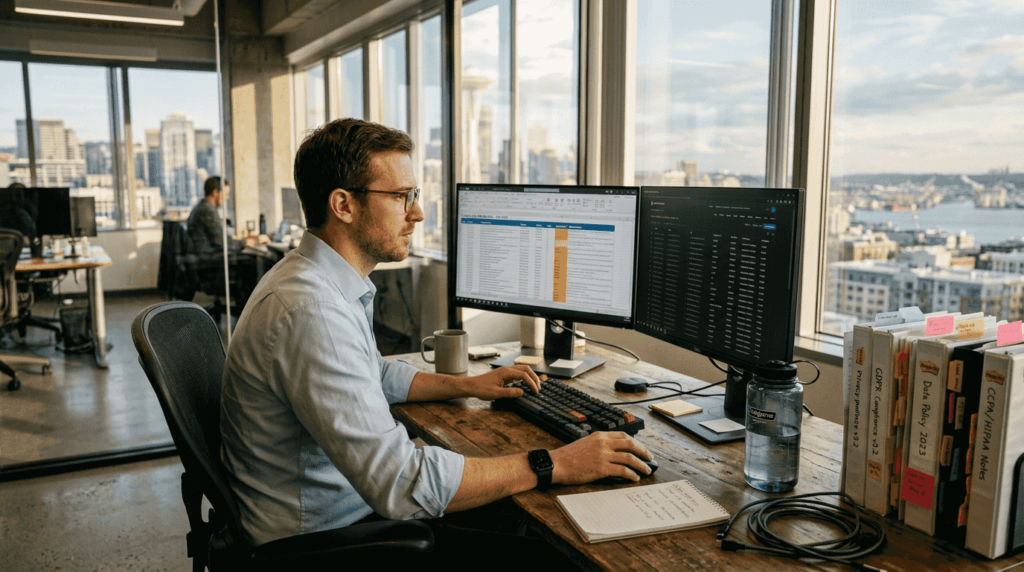 IT analyst reviewing blockchain privacy logs