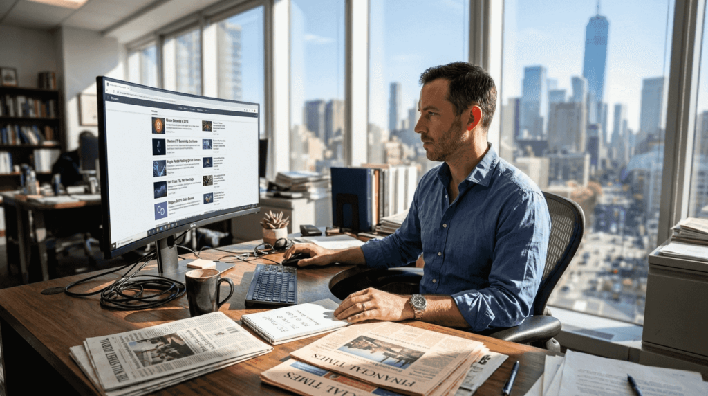 Investor reading crypto news at office desk