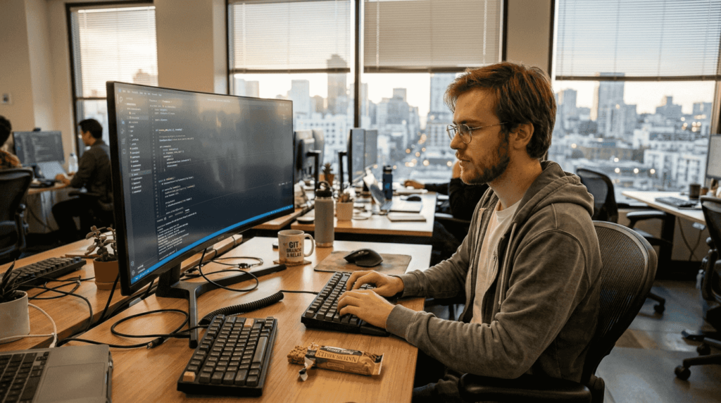 Blockchain innovation advances reshaping crypto in 2026 Developer coding blockchain protocol in workspace