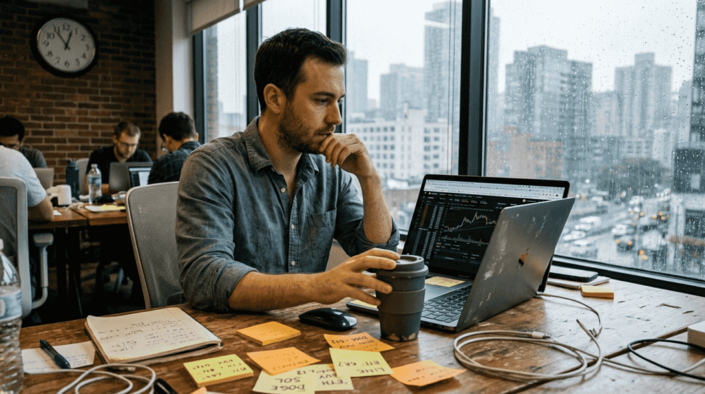 Man reviewing cryptocurrency charts at cluttered desk