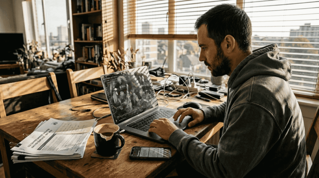 Crypto investor checks charts at cluttered table